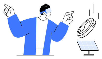 Man wearing VR headset gestures toward solar panel and digital coin in a futuristic interaction. Ideal for technology, innovation, virtual reality, renewable energy, cryptocurrency, sustainability