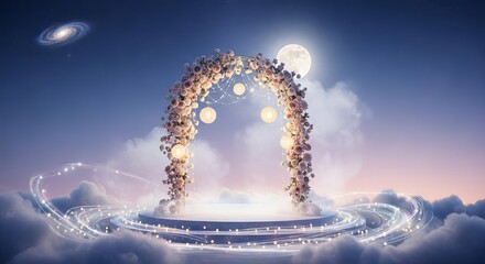 Magical floral archway glowing with lights on a floating island in the night sky