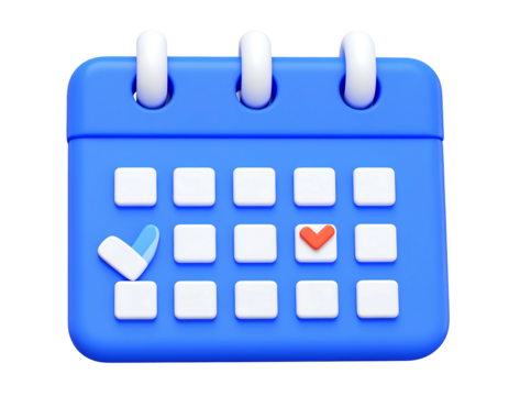 Stylized blue 3D calendar icon with marked dates. White squares are arranged on its surface