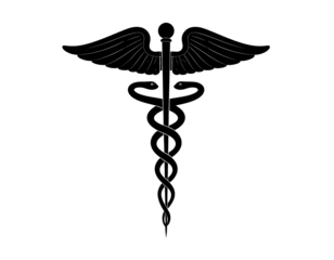 Stylized Caduceus in minimal white lines on black background, evoking medical symbolism in a modern, clean aesthetic