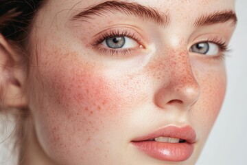 Fototapeta premium Close-up portrait of a young woman with delicate features and light makeup.