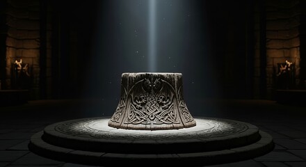 Mysterious ancient stone artifact illuminated by a single beam of light in a dark chamber