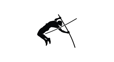 Dynamic silhouette of an athlete performing a pole vault jump in mid air with a long pole silhouette