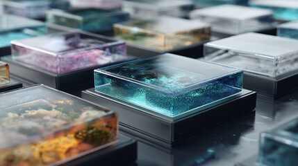 Transparent floating grids symbolizing innovation and connectivity — sleek, geometric, and hyperrealistic, blending technology and imagination in luminous spatial balance.