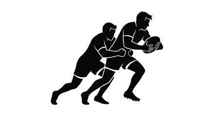 Dynamic silhouette of two rugby players in action during a tackle and run silhouette