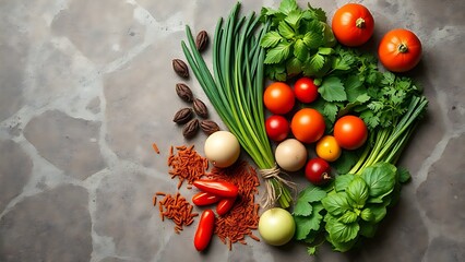 Fresh Asian ingredients are beautifully arranged on a stone surface, showcasing vibrant herbs and spices.