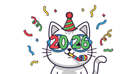 Festive Cartoon Cat Celebrating the Year 2026 with Party Hat, Glasses, and Confetti. Suitable for greeting cards, posters, and holiday-themed digital content.