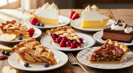A variety of delicious dessert pie slices, including apple, cherry, lemon meringue, and pecan, are arranged on a wooden table.