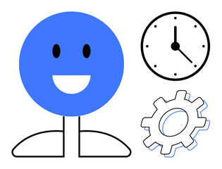 happy face with clock and gear symbolizing harmony between happiness, efficient time management, and productivity. Ideal for self-improvement, time planning, balance, teamwork, mental health