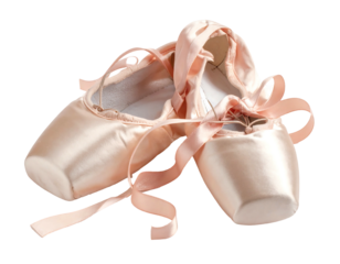 Pink satin ballet pointe shoes, tied with delicate ribbons, against a transparent background