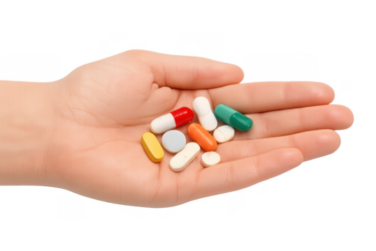 Hand holding various pharmaceutical pills and capsules, symbolizing health, medication, and dosage on a transparent background