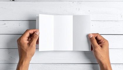 A Person Holding a Blank Tri-Fold Brochure Against a White Wooden Surface