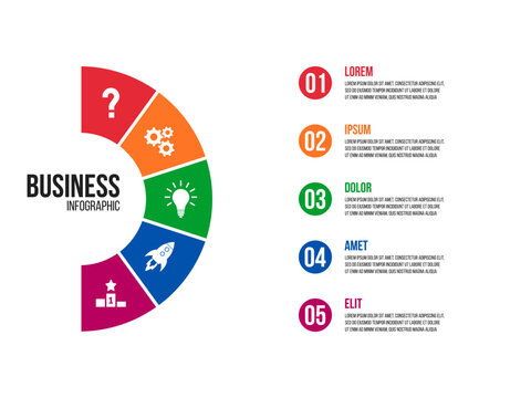 5 steps half circle sectors chart, cycle diagram inforgaphic, report or presentation vector template, business process illustration