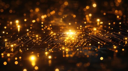 Obraz premium Abstract circuit board glowing with golden lights. Background technology concept. Potential stock photo use