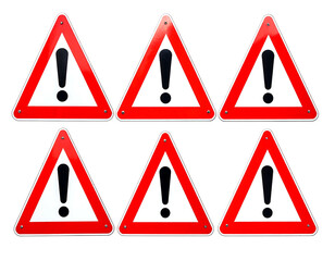 Six triangle warning signs arranged on black background, showing black exclamation points inside a red border