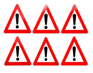 Six triangle warning signs arranged on black background, showing black exclamation points inside a red border