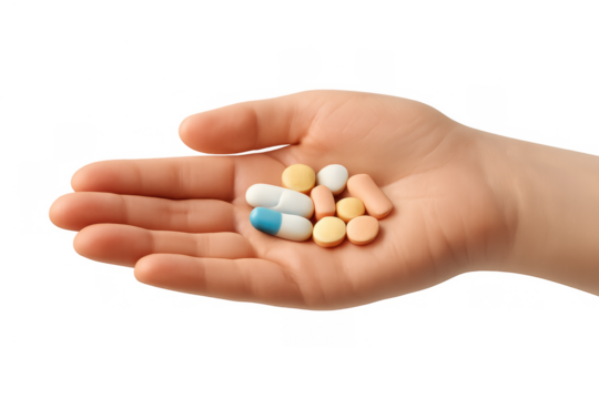 Hand holding colorful medical pills and capsules, showing concepts of medicine, healing, and pharmaceutical products. Transparent background