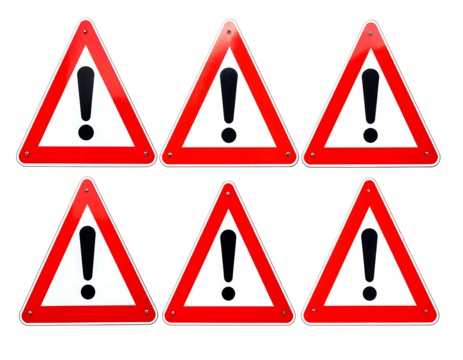 Six triangle warning signs arranged on black background, showing black exclamation points inside a red border - Powered by Adobe