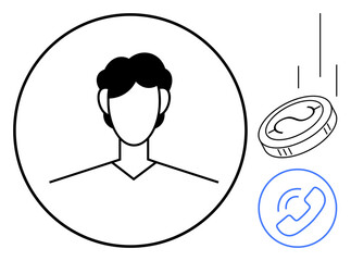 Minimalist line drawing of a person profile in a circle, coin with currency detail, and phone call icon. Ideal for communication, networking, finance, tech services, social media, identity digital