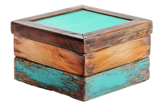 Rustic wooden box with turquoise inlay isolated on a transparent background - Powered by Adobe