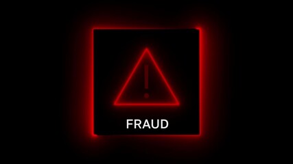 Red Neon Exclamation Mark Warning Symbol Inside Square Frame with Text Fraud on Black Background alert - Powered by Adobe