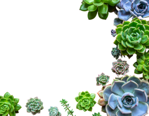 Corner-arranged succulents in green and lavender hues adorn a stark black background