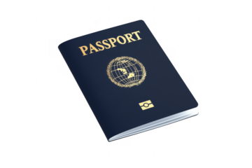 Dark blue passport with gold emblem isolated on a transparent background