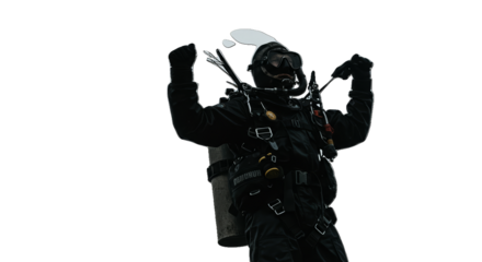 Black Diver Gear With Arms Raised In Victory Isolated Transparent Background
