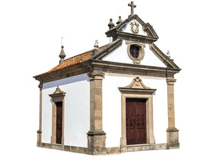 Small white chapel with stone trim, orange tile roof, and black background, captured in daylight