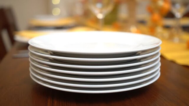 A stack of white dinner plates on a dark wooden table, blurry background showing glasses and decor