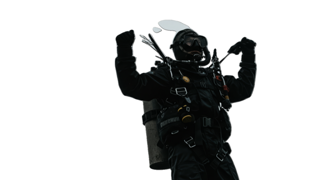 Black Diver Gear With Arms Raised In Victory Isolated Transparent Background