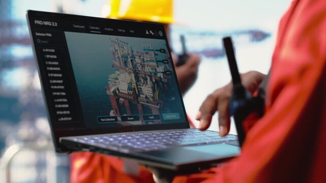 Close up of offshore platform worker using AI on laptop to refine operational efficiency. Engineer using artificial intelligence deep learning to monitor drilling rig production activities, camera B