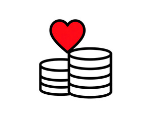 A red heart floats above white stacked disc shapes on a stark black background. Minimalist design