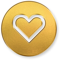 3D Gold Heart Outline Icon for Favorites and Wishlist on Shiny Metallic Circle Button