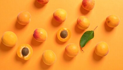 Fresh apricots scattered on an orange background, perfect for food and design projects