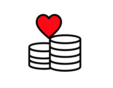 A red heart floats above white stacked disc shapes on a stark black background. Minimalist design