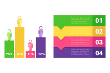 Colorful infographic presenting engagement metrics using bar graphs. Different colors representing various statistics, while side sections detailing numbered points explaining data featured