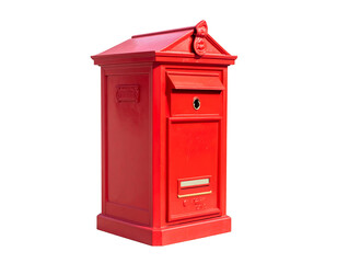 A red, rectangular postbox with a peaked roof, standing against a black background, bathed in bright sunlight