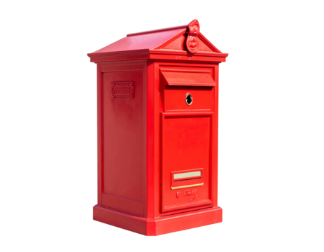 A red, rectangular postbox with a peaked roof, standing against a black background, bathed in bright sunlight