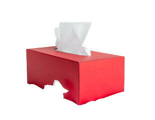 A red rectangular tissue box with a white tissue protruding, isolated against a black background, shot in neutral lighting