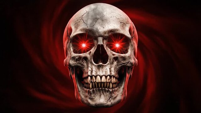 A detailed skull with glowing red eyes sits against a red spiral background