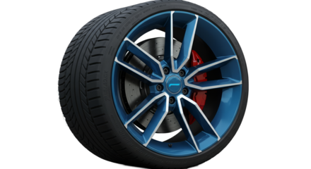 Blue and Silver Alloy Car Wheel With Red Brake Caliper Isolated