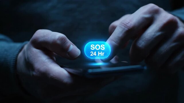 Hands Using a Smartphone in Dark Lighting Displaying SOS Information