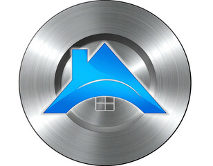 Stylized icon featuring a shiny metal disc surrounding a blue home symbol on a black backdrop