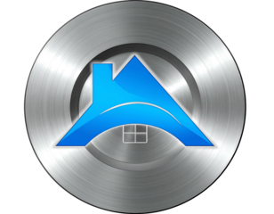 Stylized icon featuring a shiny metal disc surrounding a blue home symbol on a black backdrop