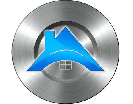 Stylized icon featuring a shiny metal disc surrounding a blue home symbol on a black backdrop