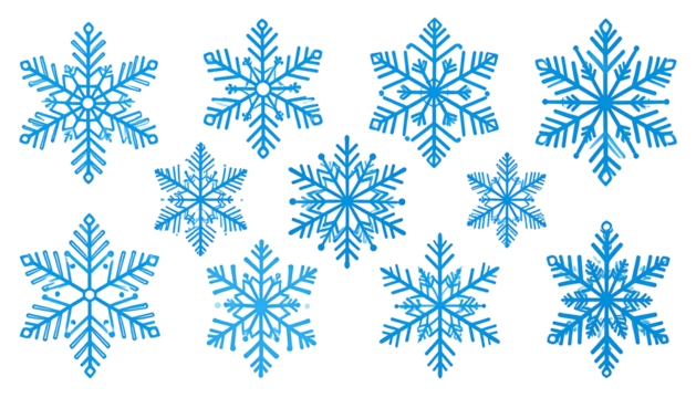 Collection of blue snowflakes with intricate designs, isolated on a black background, creating a wintery atmosphere