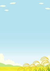 山や田んぼに実った稲穂の自然の縦型の風景イラスト
