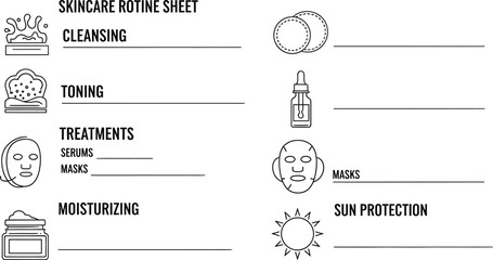Skincare routine sheet with cleansing toning treatments moisturizing and sun protection icons on white
