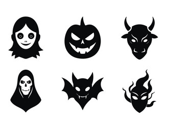 PrintHalloween horror face silhouettes, creepy mask icons, spooky vector set, black scary heads, demon, ghost, bat, reaper, flame skull